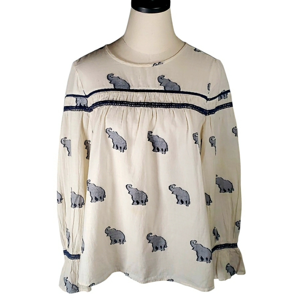Preppy Elephant Top Embroidered Lattice Flowy Peasant Boho Cottagecore Prarie S